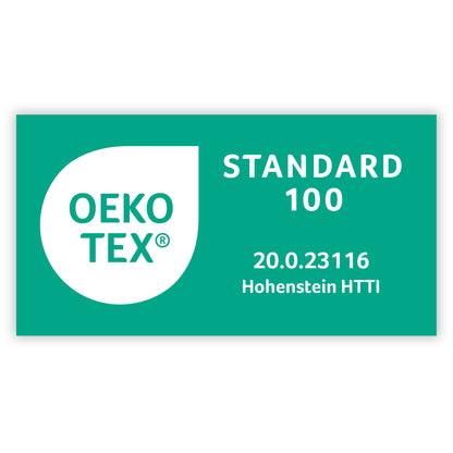 OEKO-TEX® Standard 100 Zertifikat mit der Nummer 20.0.23116 von Hohenstein HTTI auf grünem Hintergrund.