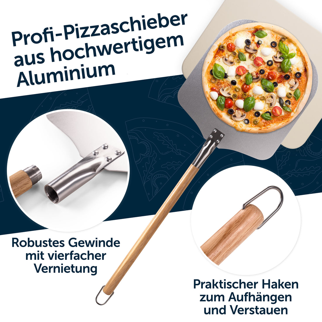 bild eines professionellen Pizzaschiebers aus hochwertigem Aluminium mit Detailansichten. Hauptbild zeigt einen Pizzaschieber mit einer bunten Pizza darauf. Zwei Kreisausschnitte heben spezielle Merkmale hervor: ein robustes, vierfach vernietetes Gewinde und einen praktischen Haken am Ende des Holzgriffs zum Aufhängen. Textbeschreibungen betonen die hochwertigen Merkmale des Pizzaschiebers.