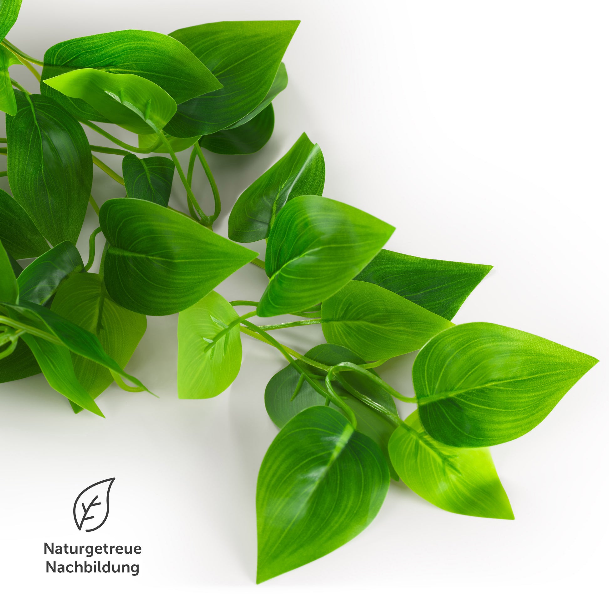 Nahaufnahme von grünen Kunstblättern einer Pflanze mit der Bezeichnung "Naturgetreue Nachbildung" auf weißem Hintergrund.