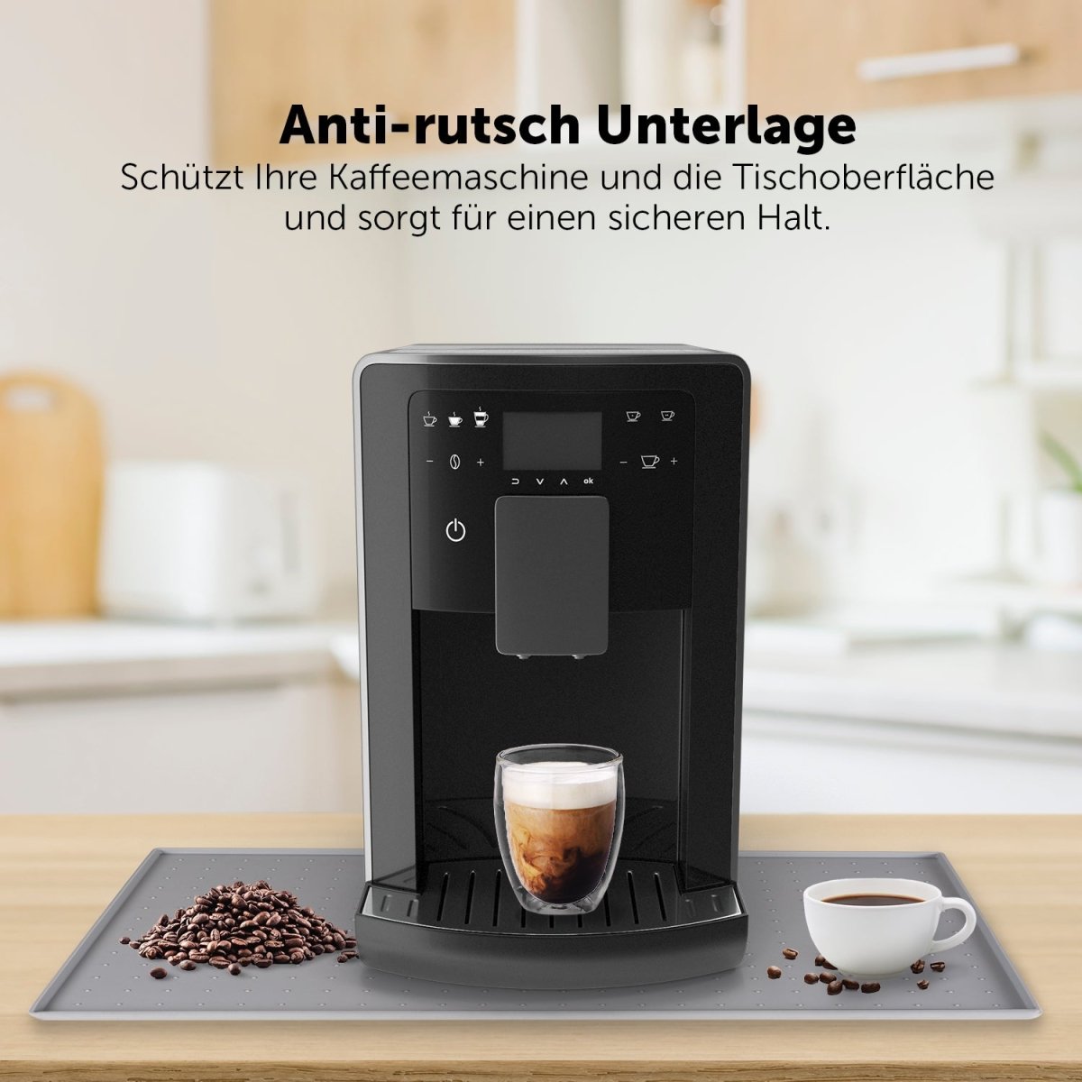 Eine Antirutsch-Unterlage unter einer Kaffeemaschine mit Schutzfunktion und sicherem Halt betont