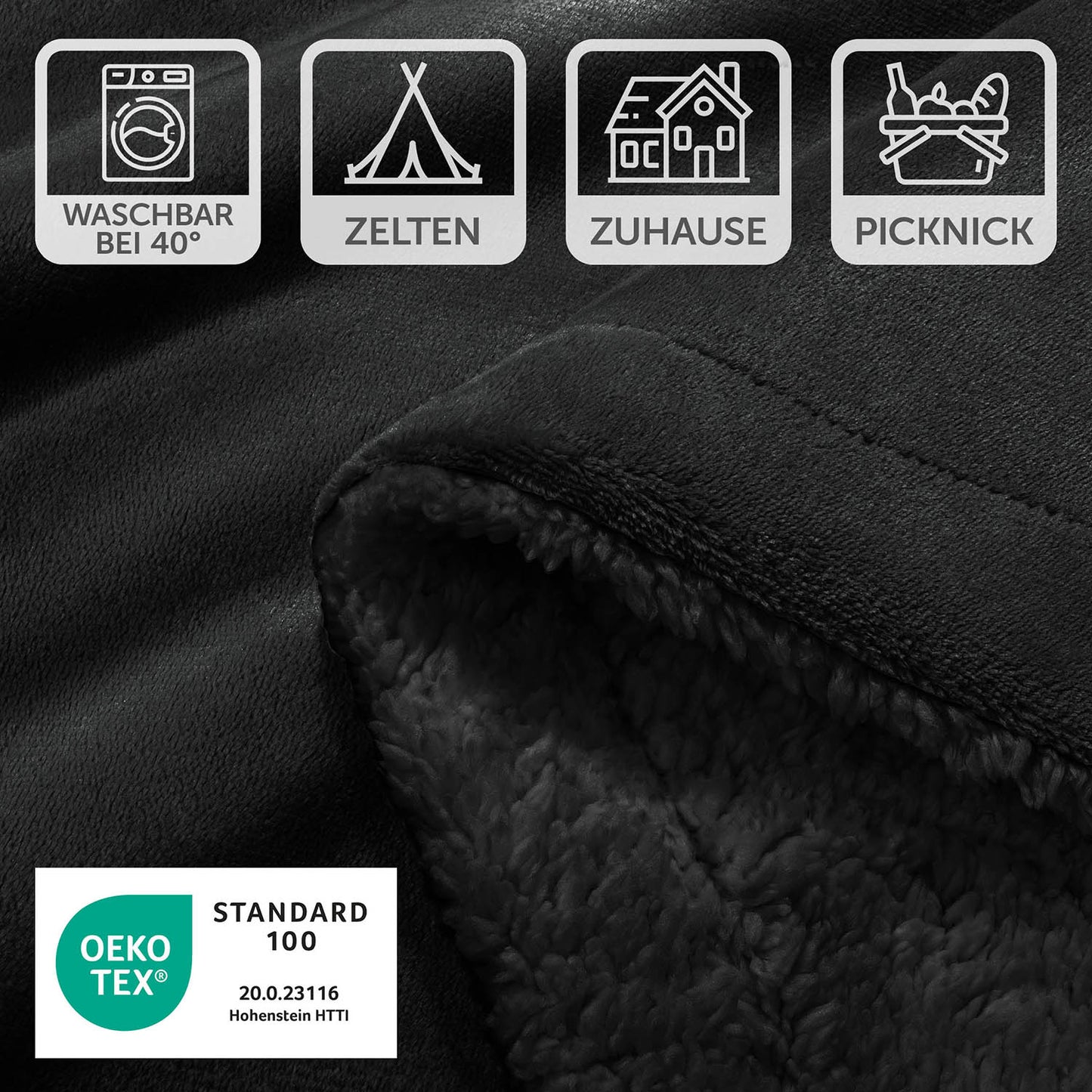 Detailansicht einer schwarzen Decke mit Etikett, das Pflegesymbole und OEKO-TEX Standard 100 Siegel zeigt, symbolisiert Waschbarkeit bei 40 Grad und Eignung für verschiedene Aktivitäten.