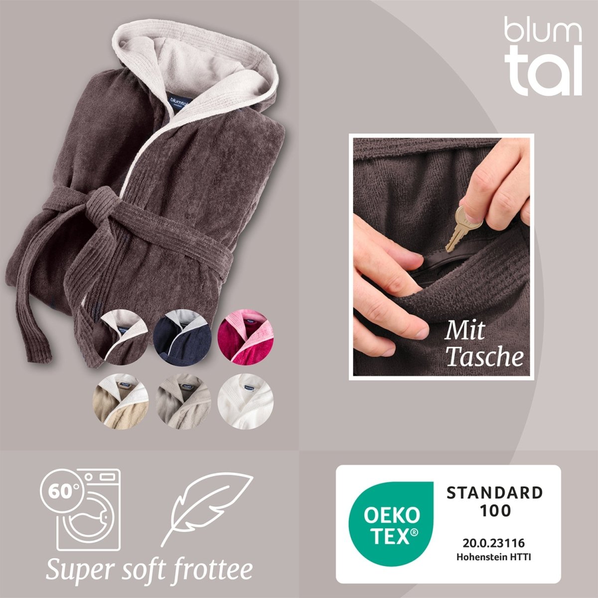 Gefalteter Bademantel mit Qualitätssiegeln und Textilpflegehinweisen