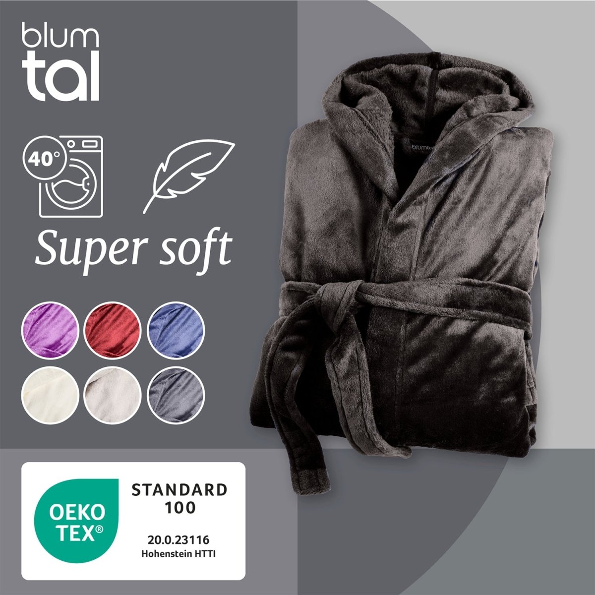 Ein gefalteter Fleece-Bademantel neben einer Grafik mit Waschanweisungen der Weichheit anzeigt sowie Farbmustern und dem OEKO-TEX® Standard 100 Label.