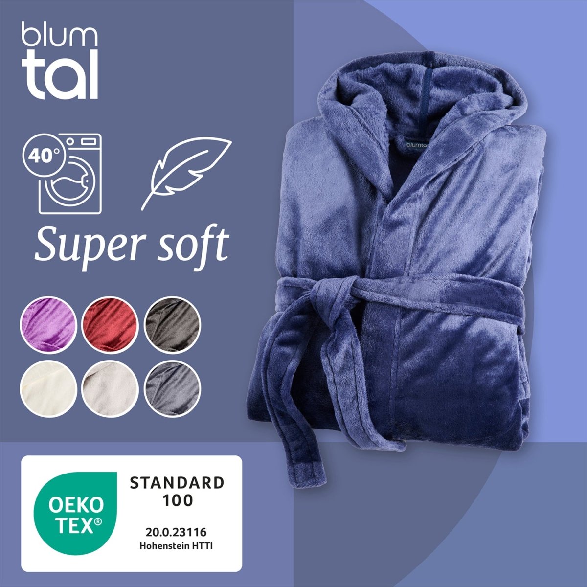 Ein gefalteter Fleece-Bademantel neben einer Grafik mit Waschanweisungen der Weichheit anzeigt sowie Farbmustern und dem OEKO-TEX® Standard 100 Label.