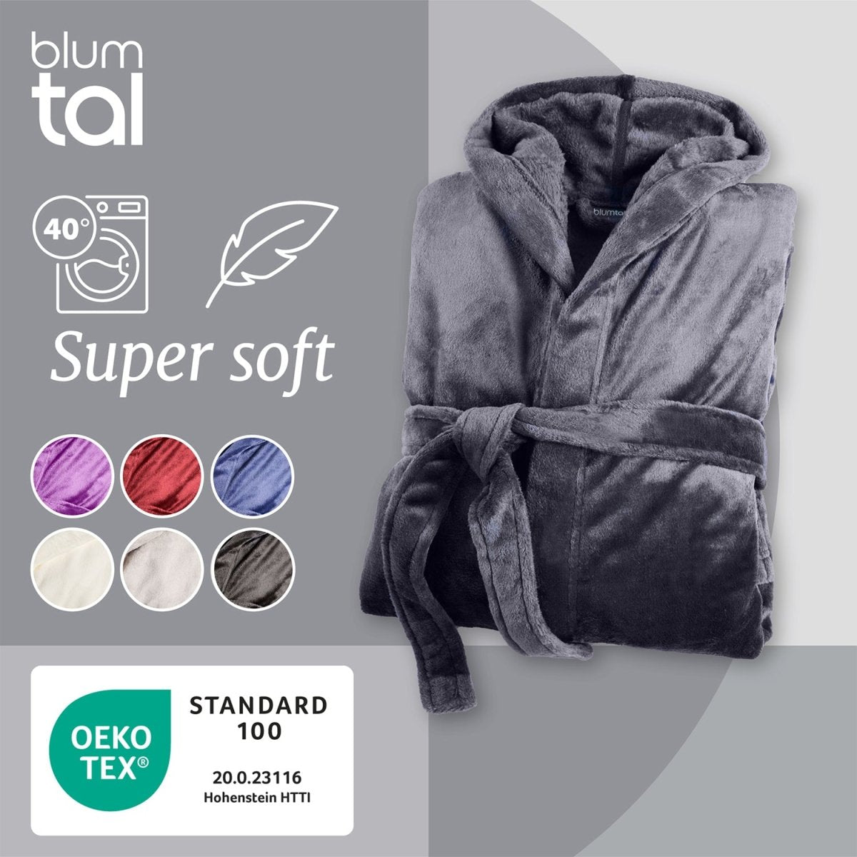 Ein gefalteter Fleece-Bademantel neben einer Grafik mit Waschanweisungen der Weichheit anzeigt sowie Farbmustern und dem OEKO-TEX® Standard 100 Label.
