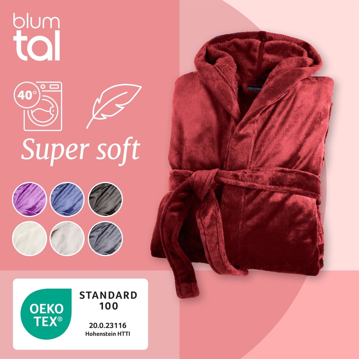 Ein gefalteter Fleece-Bademantel neben einer Grafik mit Waschanweisungen der Weichheit anzeigt sowie Farbmustern und dem OEKO-TEX® Standard 100 Label.