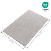 Badezimmerteppich mit Maßangaben 50 cm x 80 cm und Öko-Tex Standard 100 Siegel.