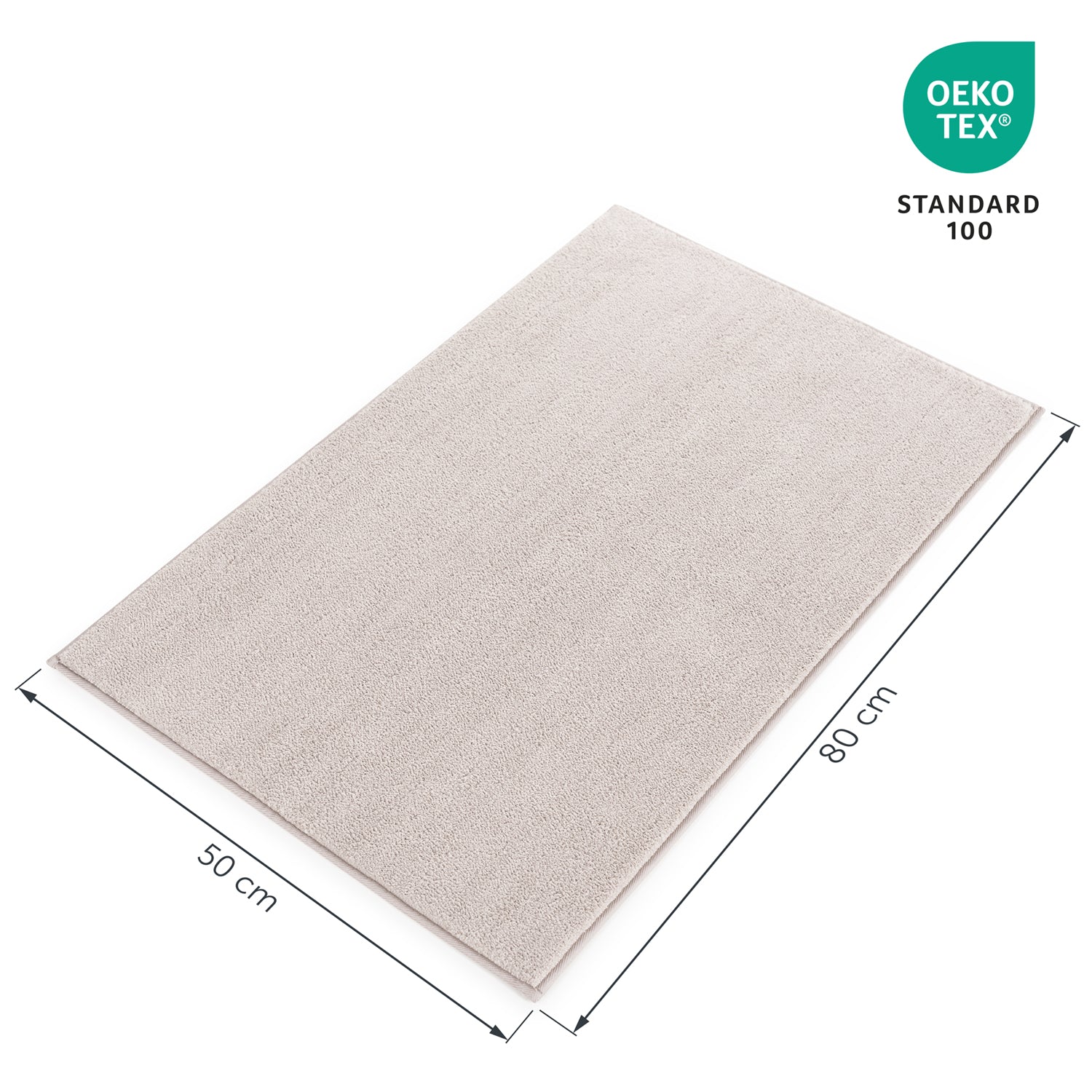 Badezimmerteppich mit Maßangaben 50 cm x 80 cm und Öko-Tex Standard 100 Siegel.