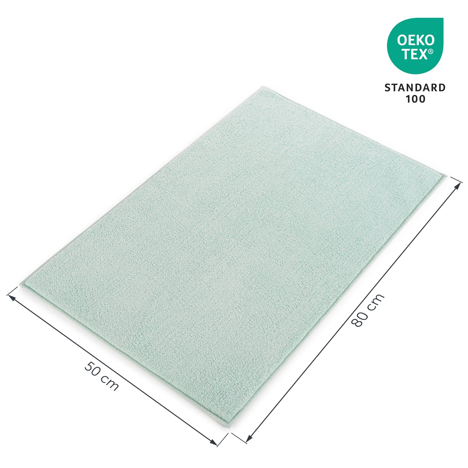 Badezimmerteppich mit Maßangaben 50 cm x 80 cm und Öko-Tex Standard 100 Siegel.