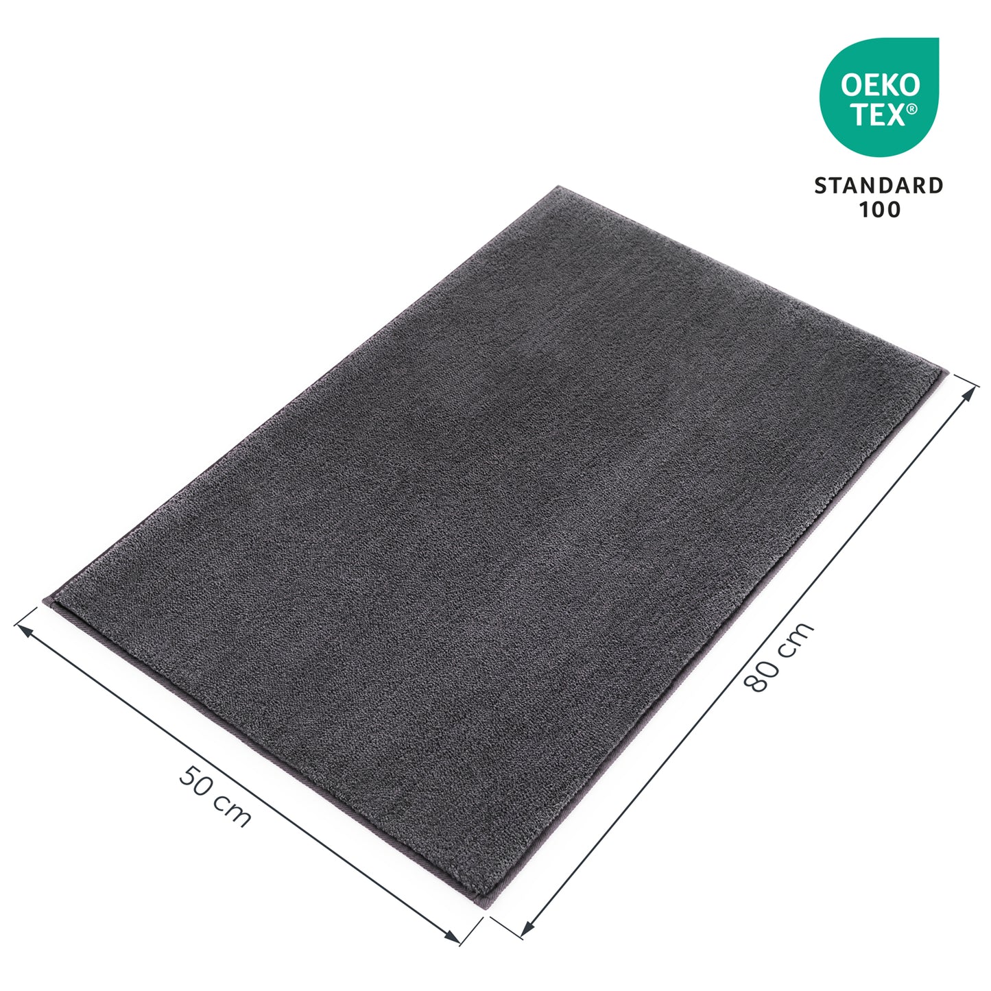 Badezimmerteppich mit Maßangaben 50 cm x 80 cm und Öko-Tex Standard 100 Siegel.