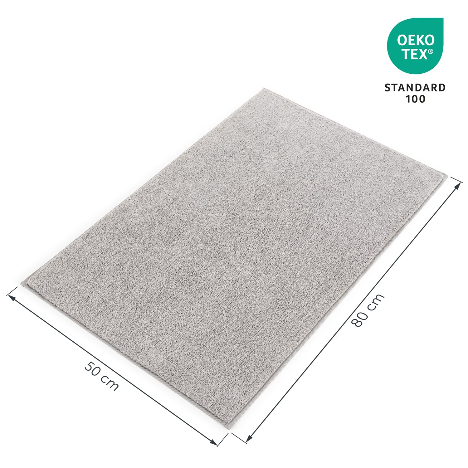 Badezimmerteppich mit Maßangaben 50 cm x 80 cm und Öko-Tex Standard 100 Siegel.