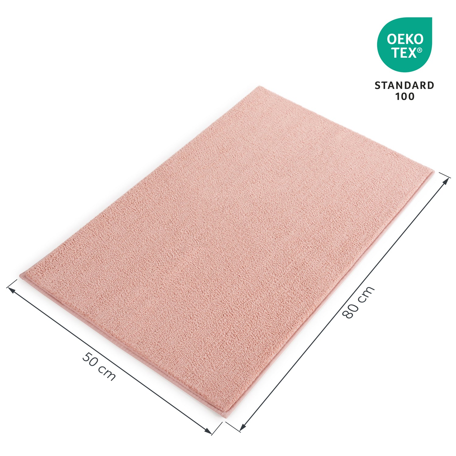 Badezimmerteppich mit Maßangaben 50 cm x 80 cm und Öko-Tex Standard 100 Siegel.