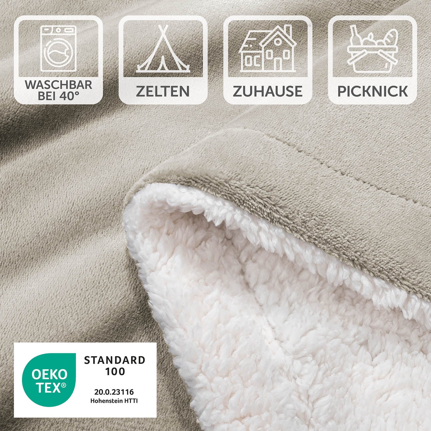 Detailansicht der beigen Decke mit Pflegesymbolen und OEKO-TEX Standard 100 Siegel, waschbar bei 40 Grad, geeignet für Zelten, Zuhause und Picknick.
