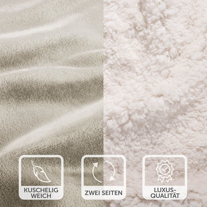 Nahaufnahme der beige Decke mit weicher Oberfläche und weißer Fleece-Seite, Symbole betonen die kuschelige Weichheit und Luxus-Qualität.