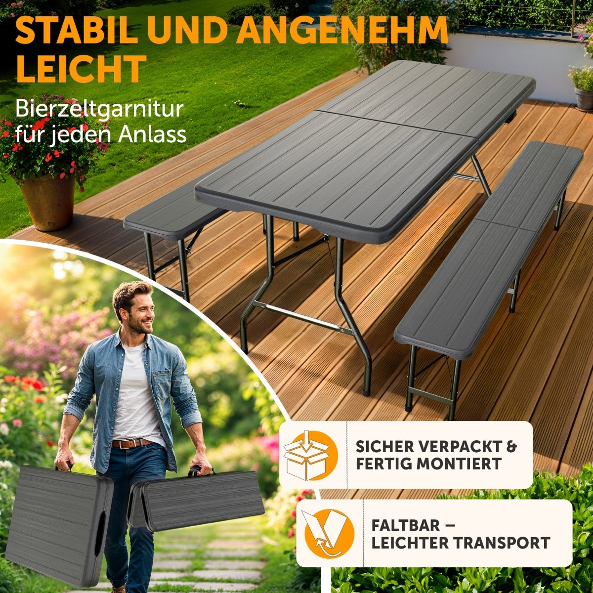 BIERZELTGARNITUR 3er Set - Klappbar für 8 Personen - 2X Bierbank + 1x Biertisch - 