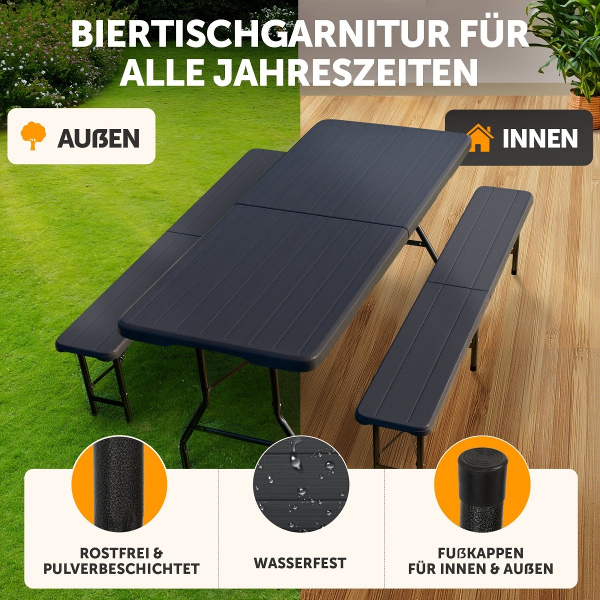 BIERZELTGARNITUR 3er Set - Klappbar für 8 Personen - 2X Bierbank + 1x Biertisch - 