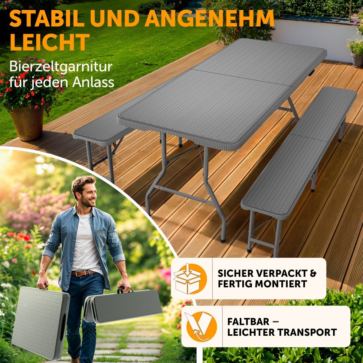 BIERZELTGARNITUR 3er Set - Klappbar für 8 Personen - 2X Bierbank + 1x Biertisch - 