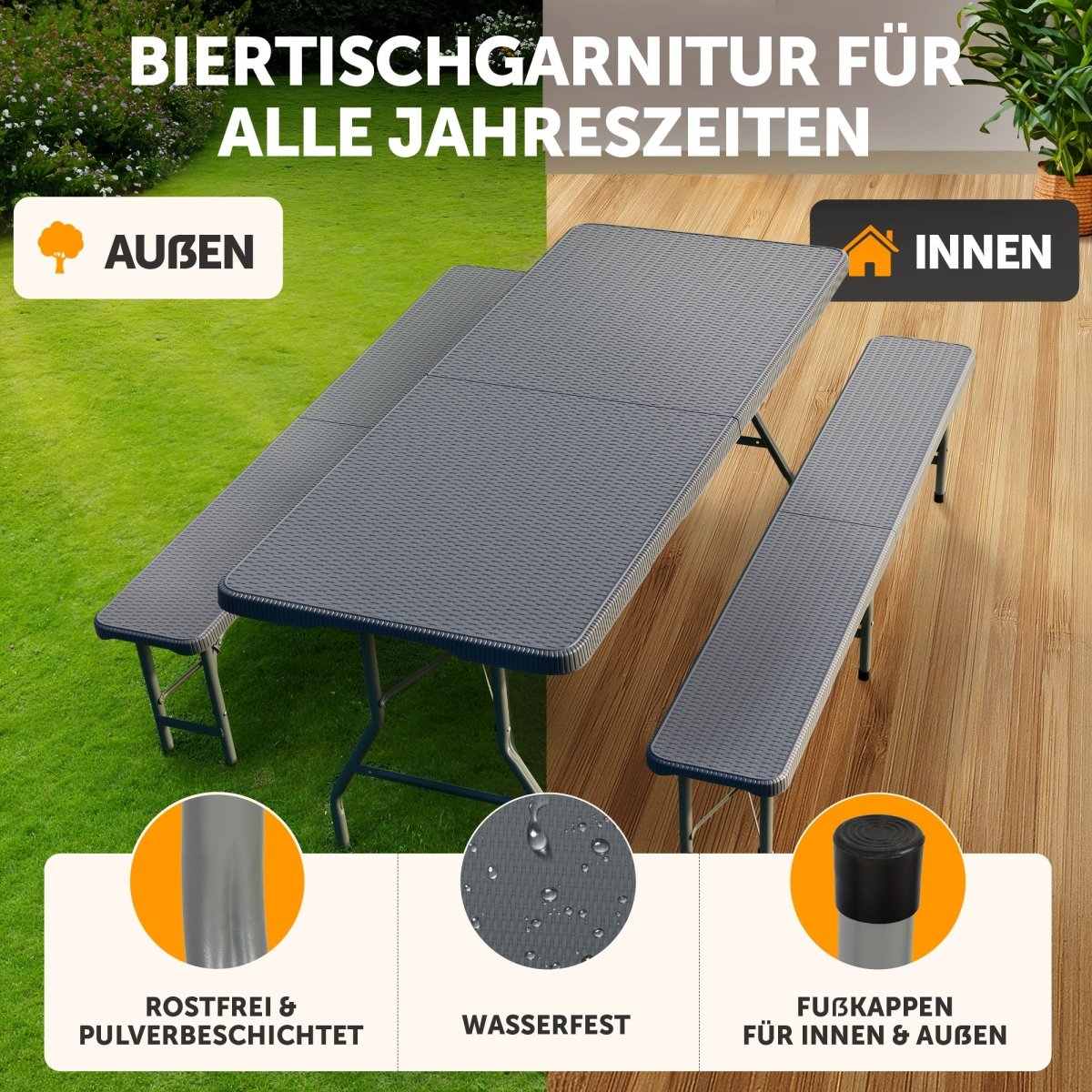 BIERZELTGARNITUR 3er Set - Klappbar für 8 Personen - 2X Bierbank + 1x Biertisch - 
