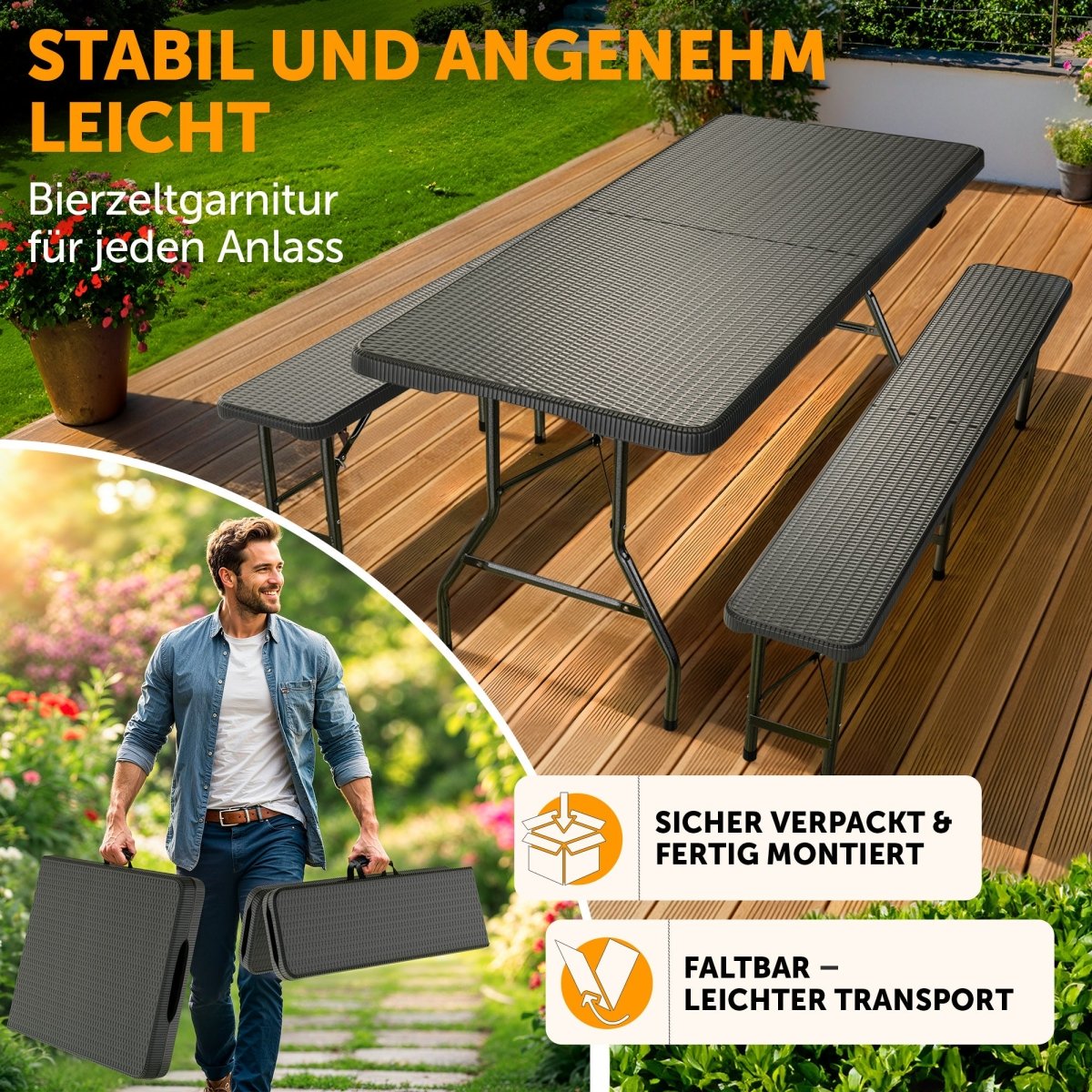 BIERZELTGARNITUR 3er Set - Klappbar für 8 Personen - 2X Bierbank + 1x Biertisch - 