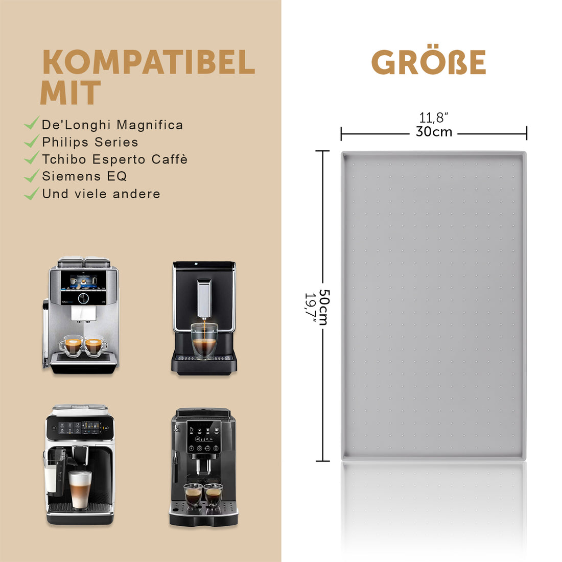 Verschiedene Kaffeemaschinenmodelle aufgelistet die mit der Unterlage kompatibel sind sowie Größenangaben der Unterlage