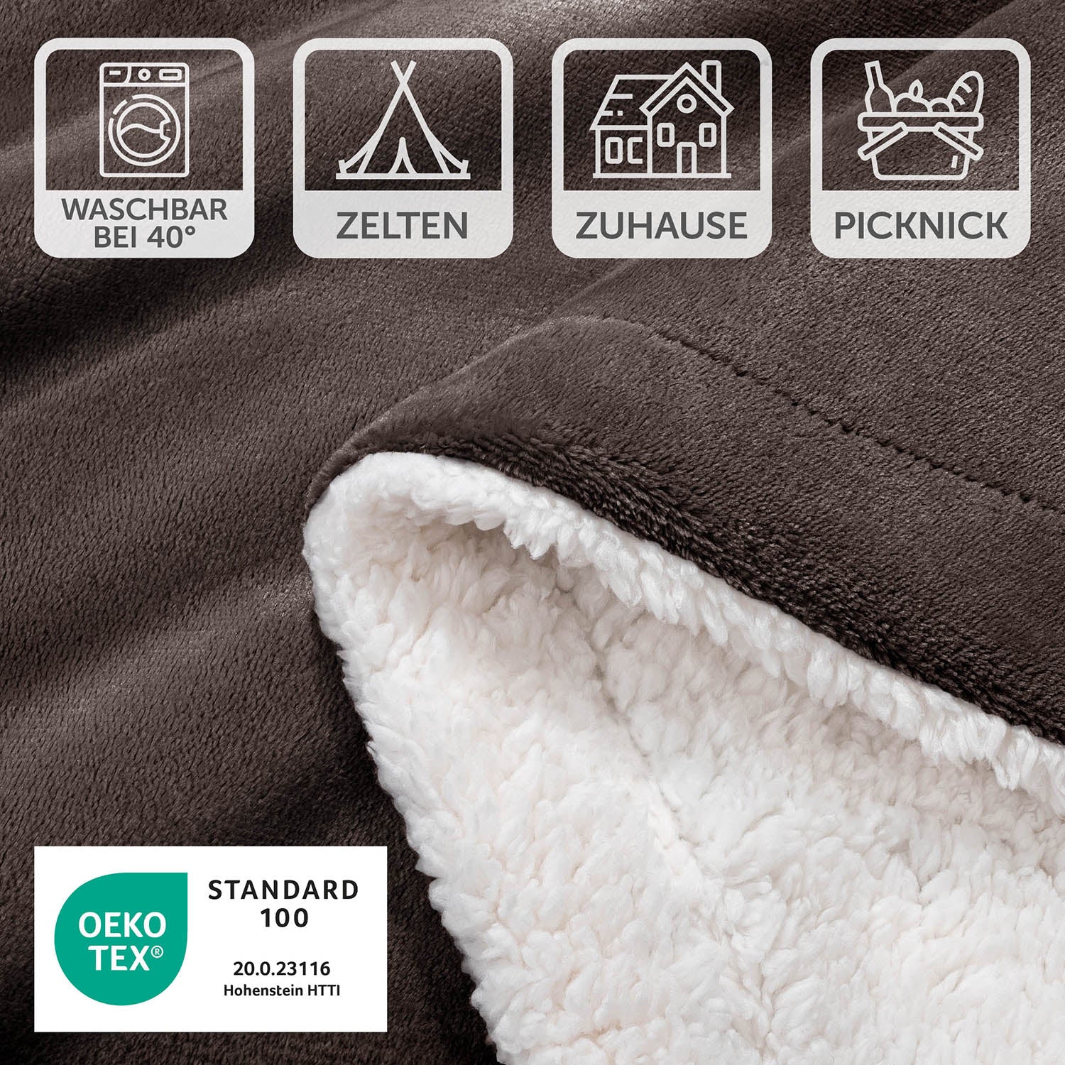 Detailansicht einer braunen Decke mit Pflegesymbolen und OEKO-TEX Standard 100 Siegel, waschbar bei 40 Grad, geeignet für Zelten, Zuhause und Picknick.
