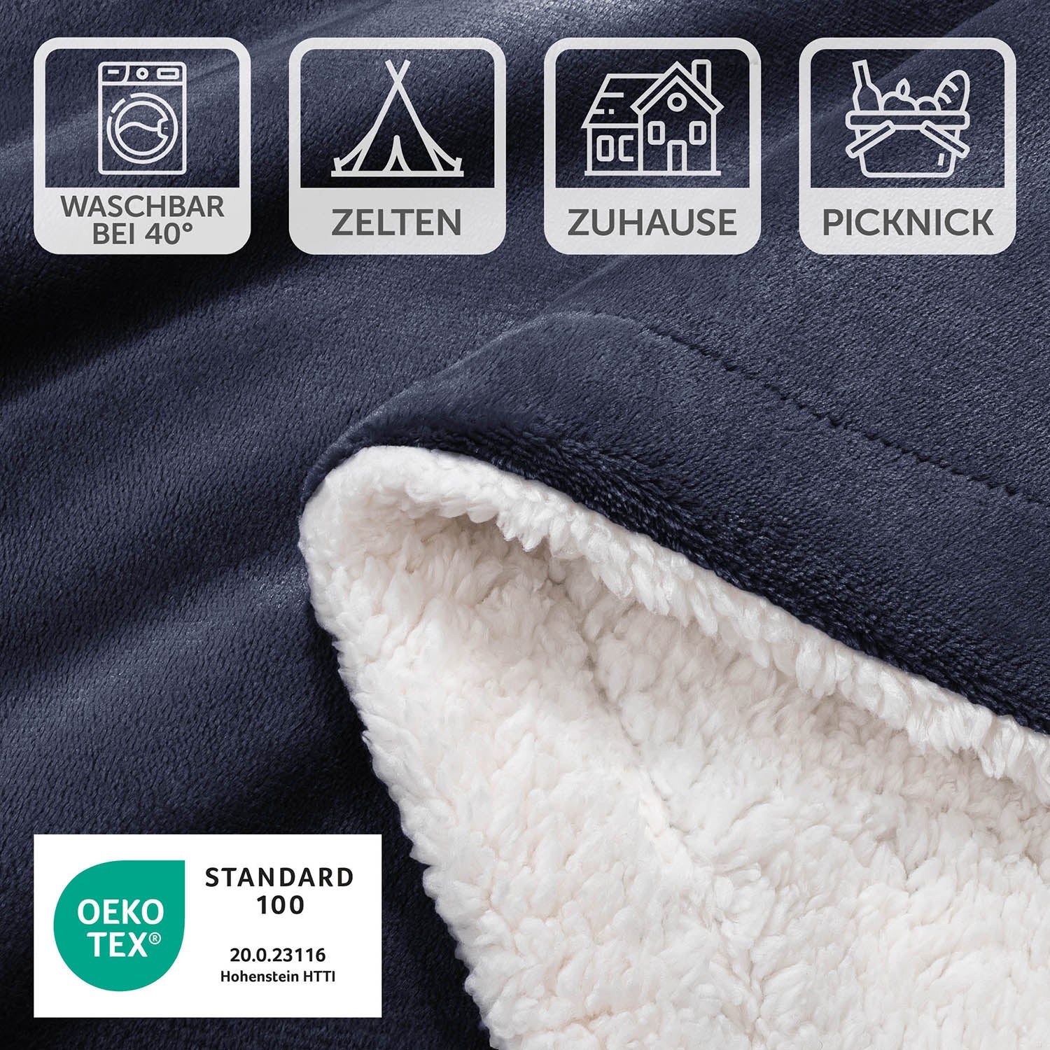 Detailansicht der dunkelblauen Decke mit Pflegesymbolen und OEKO-TEX Standard 100 Siegel, waschbar bei 40 Grad, geeignet für Zelten, Zuhause und Picknick.