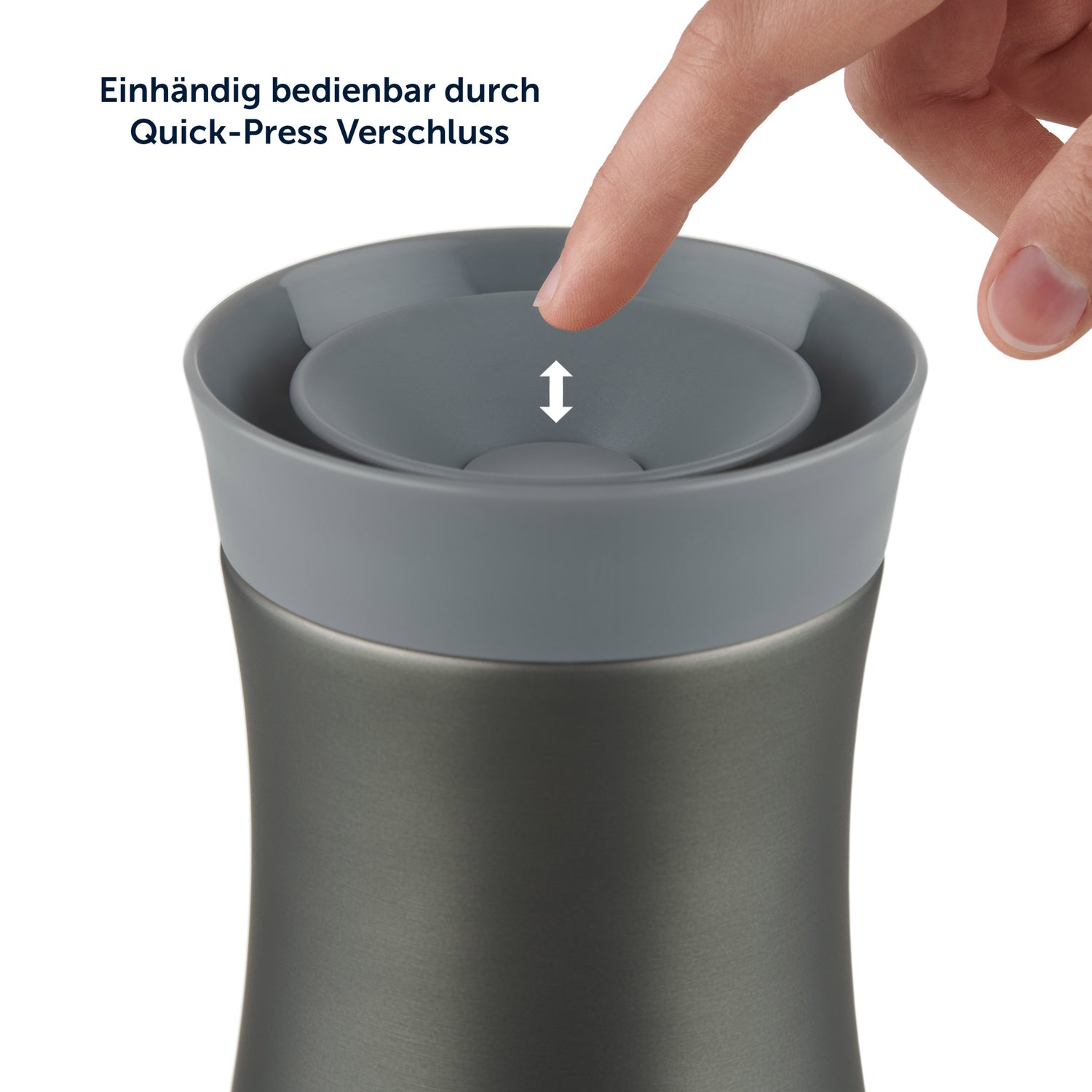 Ein Thermosbecher mit einem Finger der den Deckel mit Quick-Press Verschluss drückt.