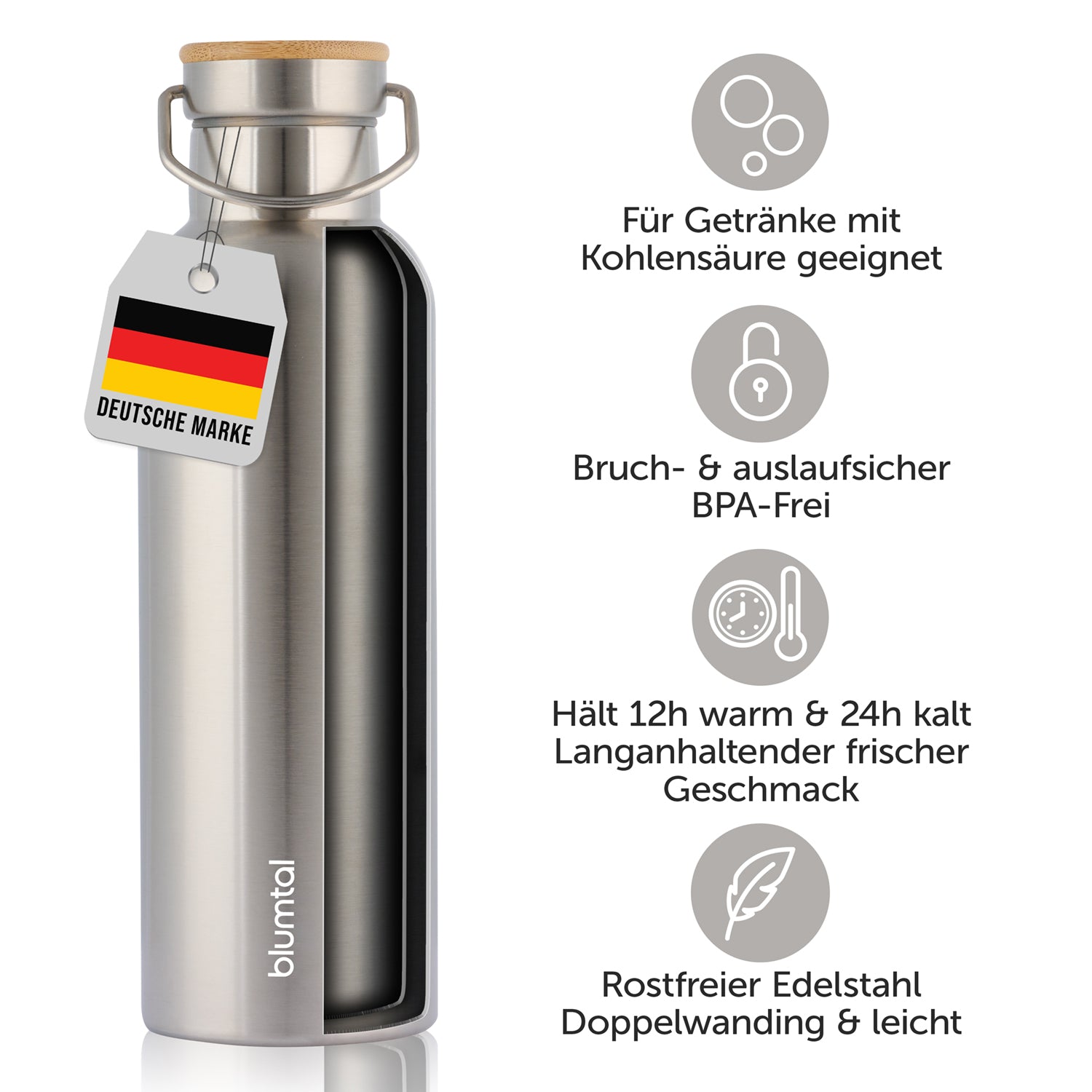 Isolierflasche mit Etikett &quot;Deutsche Marke&quot; und Symbolen die auf Bruch- und Auslaufsicherheit sowie die Eignung für Getränke mit Kohlensäure hinweisen