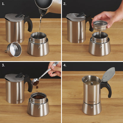 Anleitung zur Benutzung des Espressokochers in vier Schritten, von Wasser einfüllen bis zum fertigen Zustand.