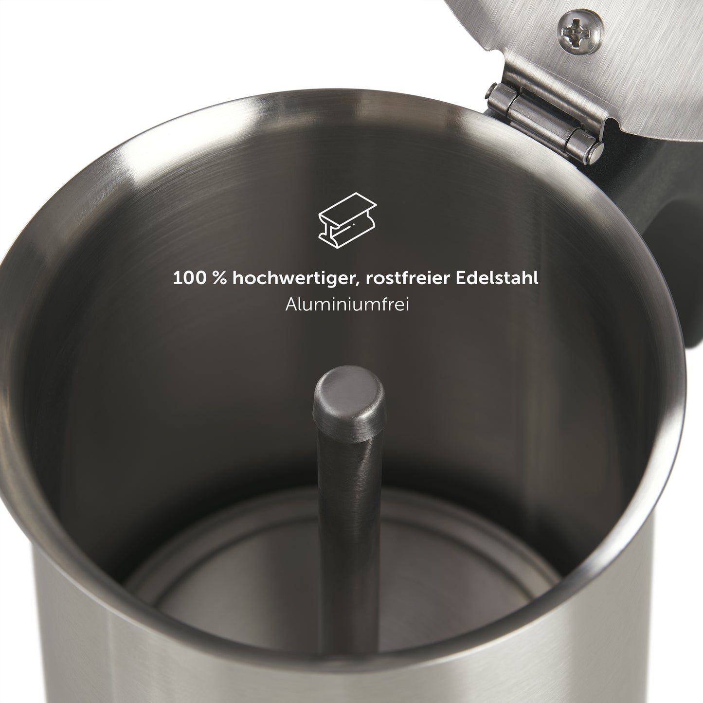 Innenansicht des Espressokochers mit Hinweisen auf 100% hochwertigen, rostfreien Edelstahl und Aluminiumfreiheit.