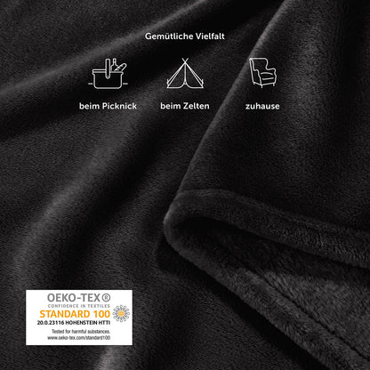 Nahaufnahme der schwarzen Fleece-Kuscheldecke mit Icons, die verschiedene Nutzungsszenarien wie Picknick, Camping und zu Hause darstellen, mit OEKO-TEX Zertifizierungshinweis.