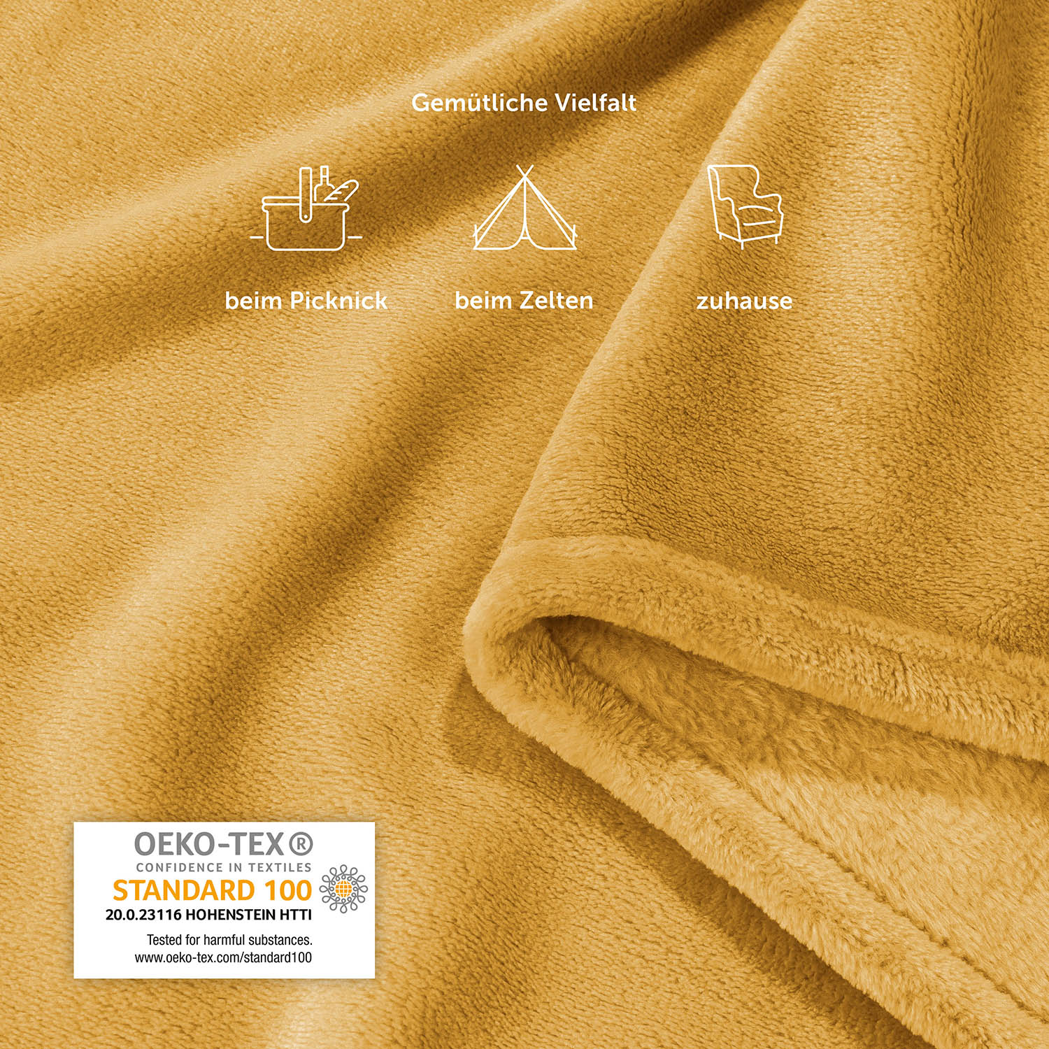 Nahaufnahme einer senfgelben Fleece-Kuscheldecke mit Icons, die vielseitige Verwendungsmöglichkeiten wie Picknick, Zelten und zu Hause anzeigen.