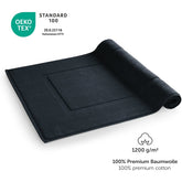 Dunkelblaues Handtuch mit OEKO-TEX Label und Grammaturangabe.