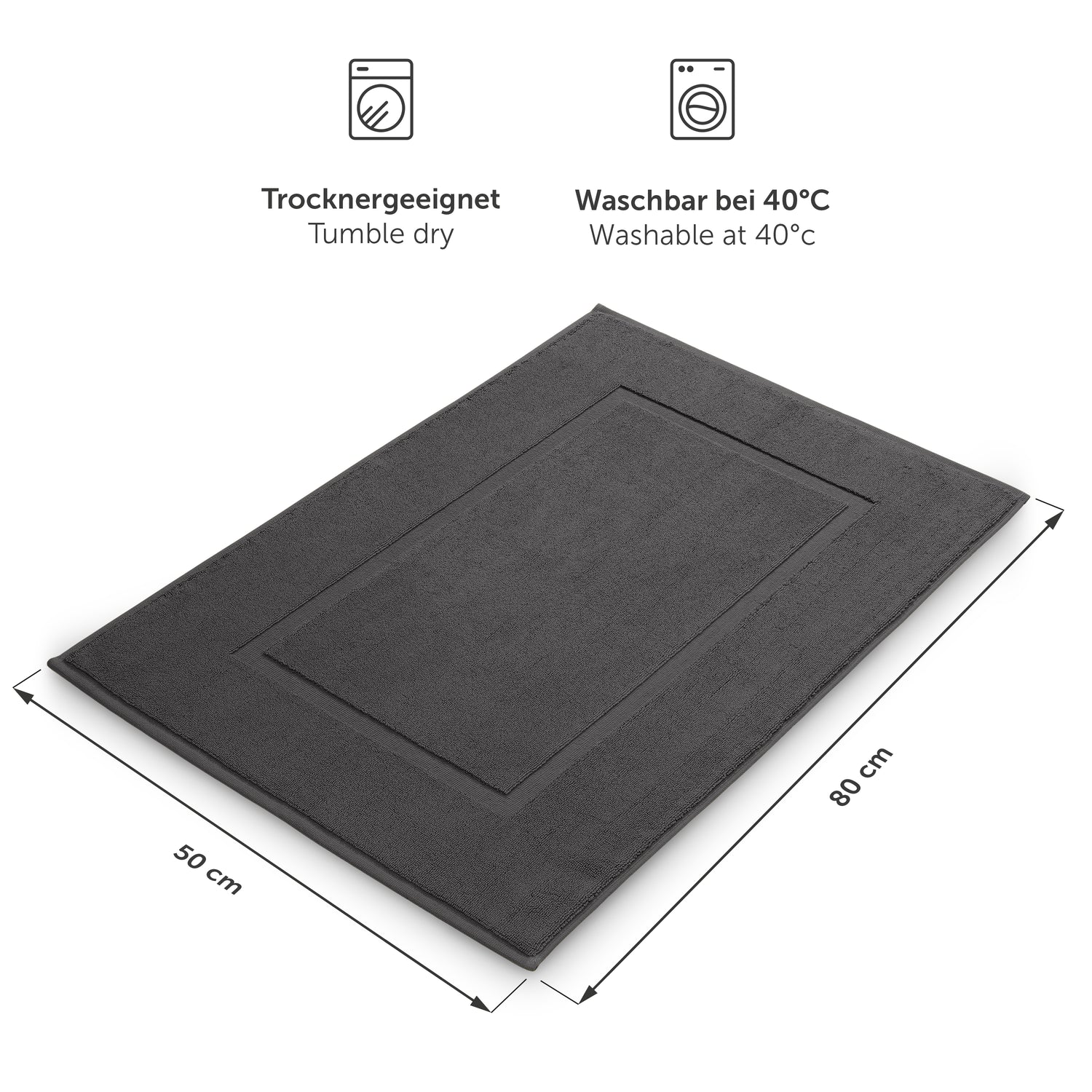 Anthrazit Handtuch mit Trockner- und Waschsymbolen Maßangaben.