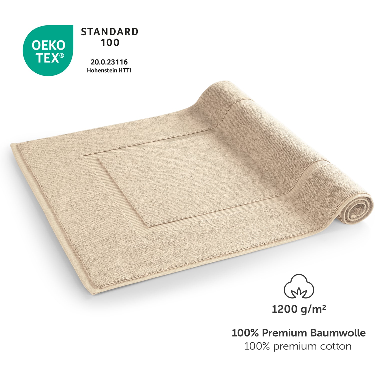 Beige Handtuch mit OEKO-TEX Label und Grammaturangabe.