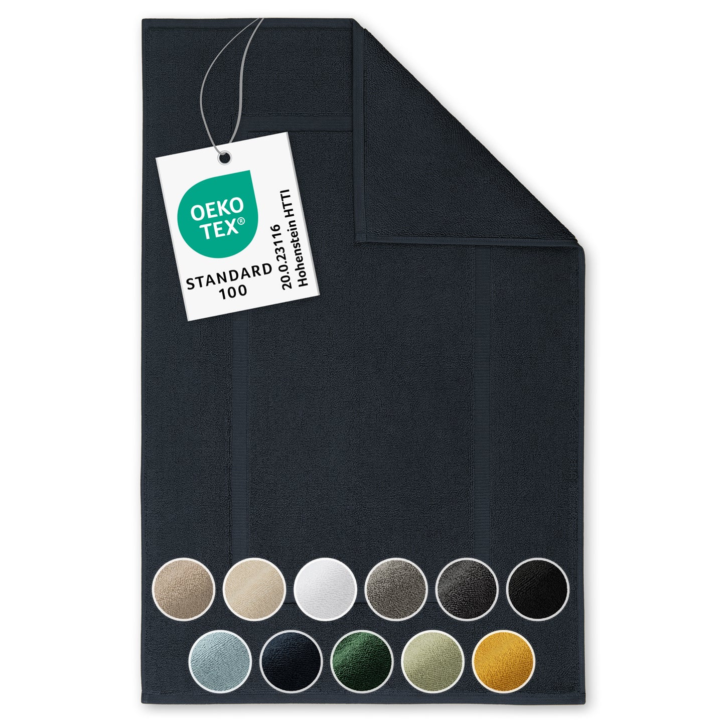 Dunkelblaues Handtuch mit Farboptionen und OEKO-TEX Label.