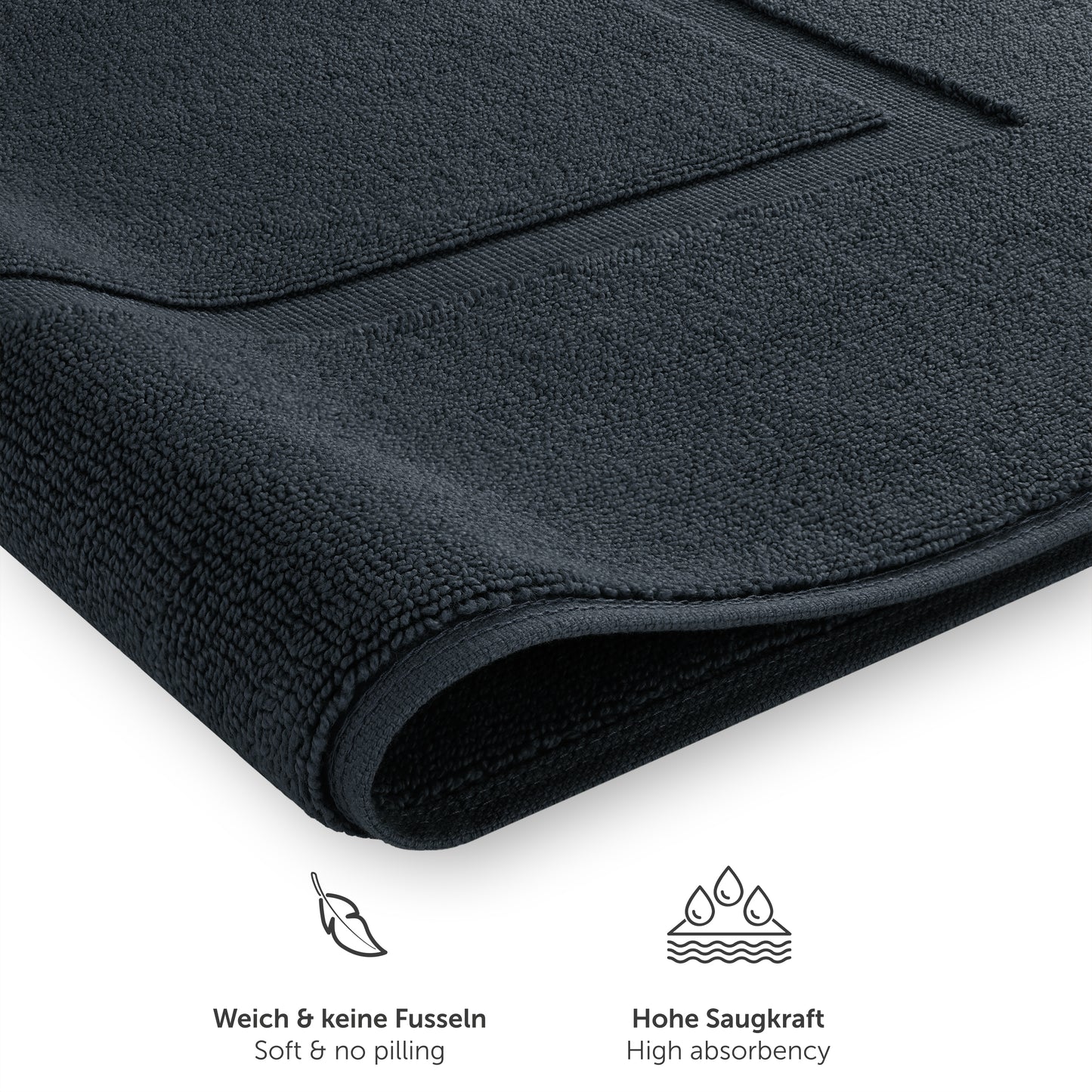 Detailansicht von dunkelblau Handtuch mit Text zu Weichheit und Saugfähigkeit.