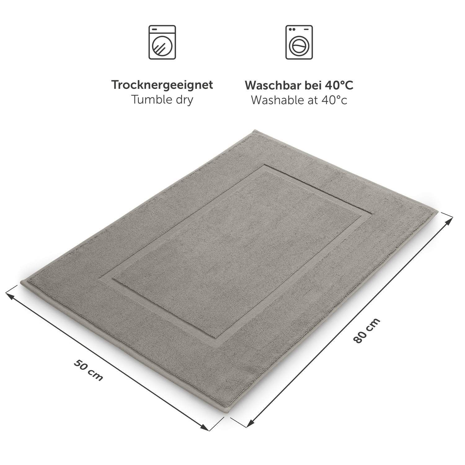 Graues Handtuch mit Trockner- und Waschsymbolen Maßangaben.