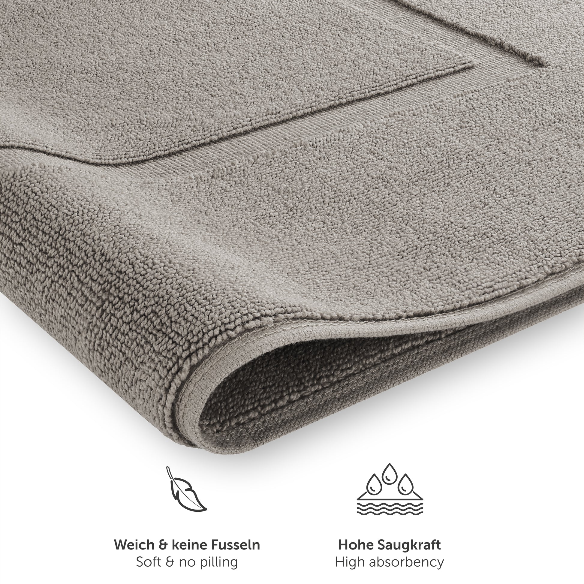 Detailansicht von grau Handtuch mit Text zu Weichheit und Saugfähigkeit.