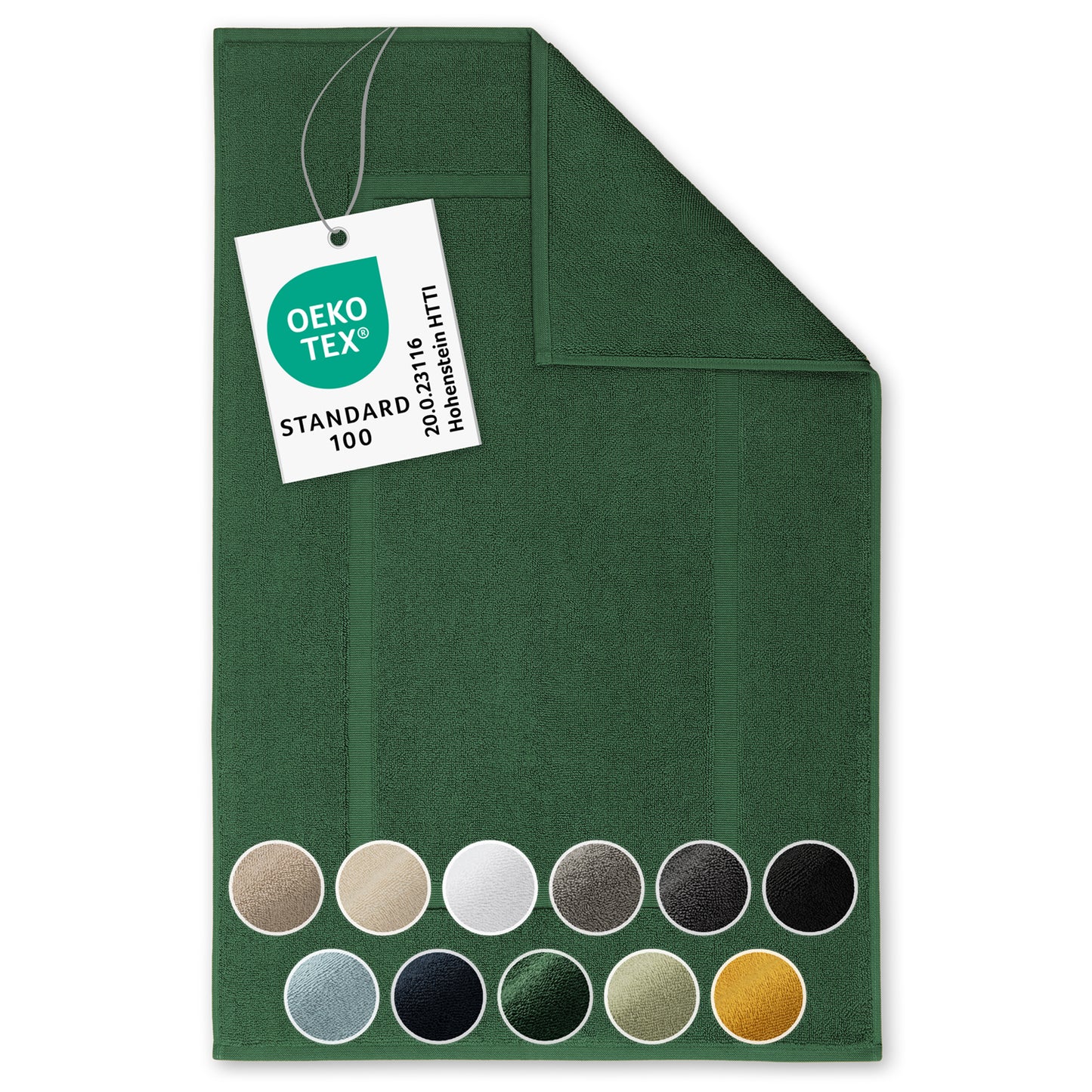 Gruenes Handtuch mit Farboptionen und OEKO-TEX Label.