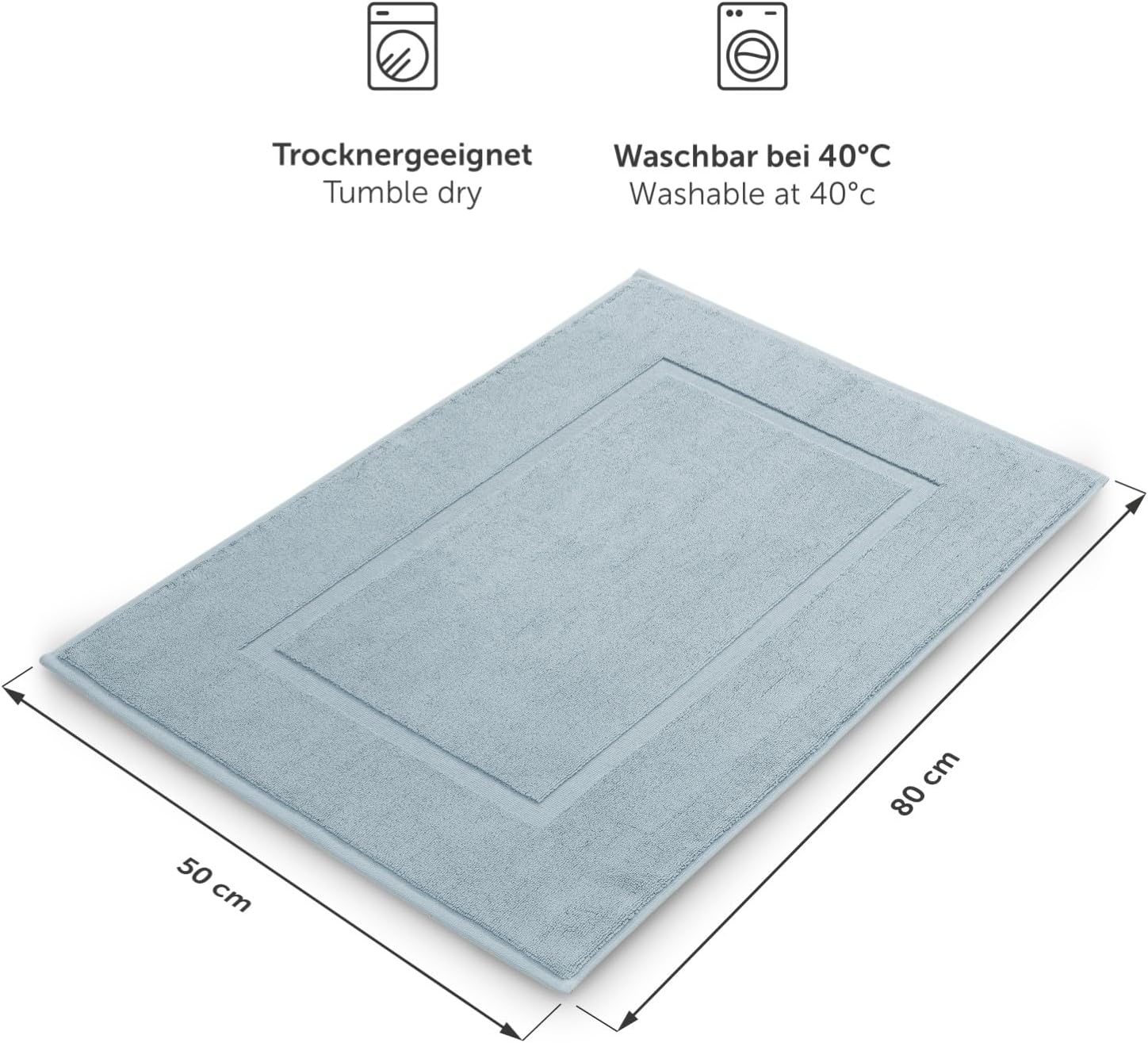 Hellblaues Handtuch mit Trockner- und Waschsymbolen Maßangaben.