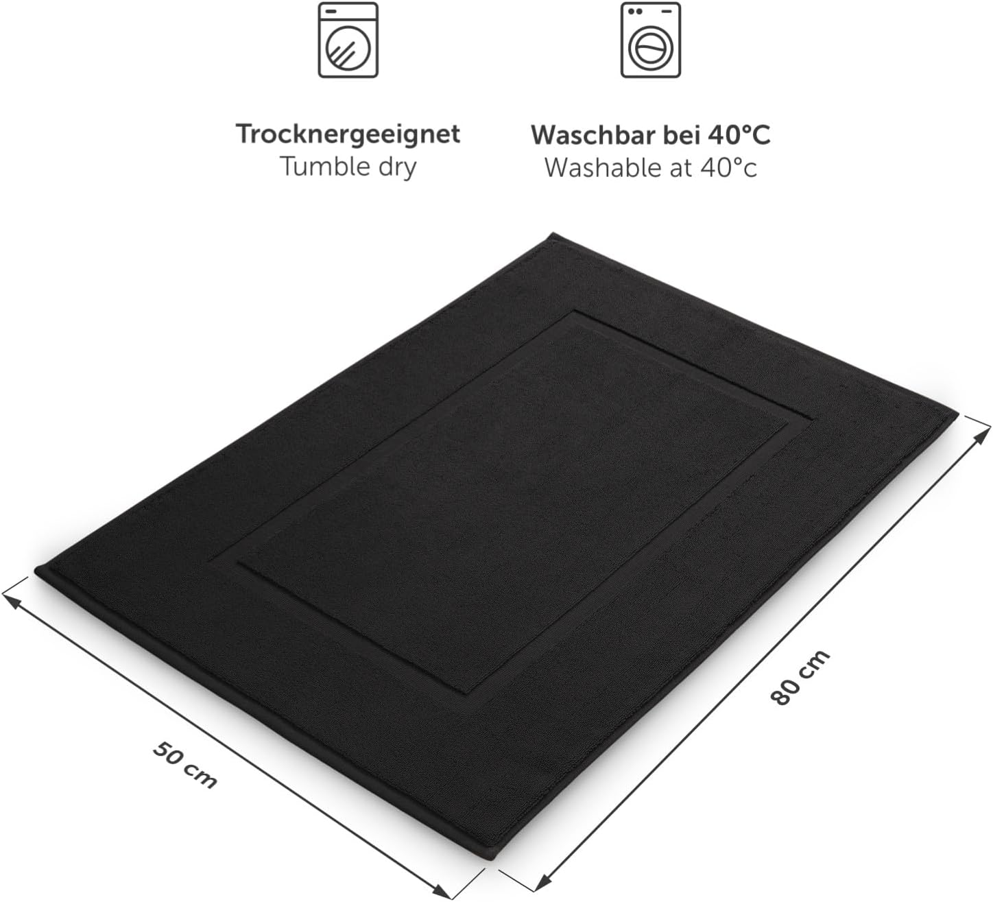 Schwarzes Handtuch mit Trockner- und Waschsymbolen Maßangaben.