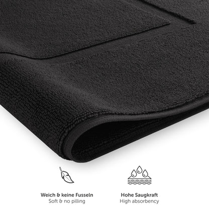 Detailansicht von schwarz Handtuch mit Text zu Weichheit und Saugfähigkeit.