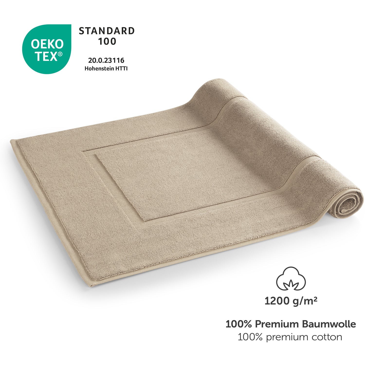 Taupe Handtuch mit OEKO-TEX Label und Grammaturangabe.