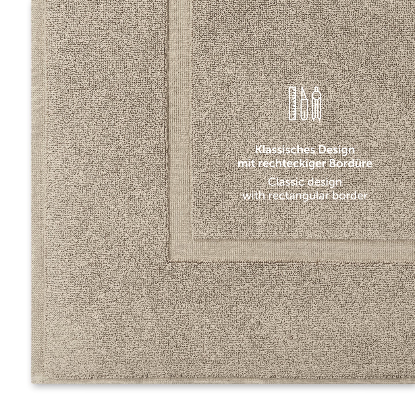 Taupe Handtuch mit klassischem Design und Bordürendetail.