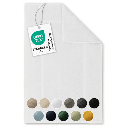 Weisses Handtuch mit Farboptionen und OEKO-TEX Label.