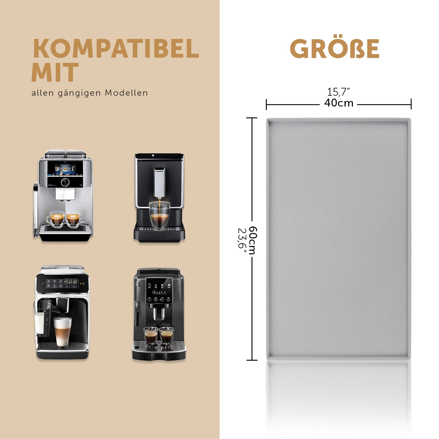 Verschiedene Kaffeemaschinenmodelle aufgelistet die mit der Unterlage kompatibel sind sowie Größenangaben der Unterlage