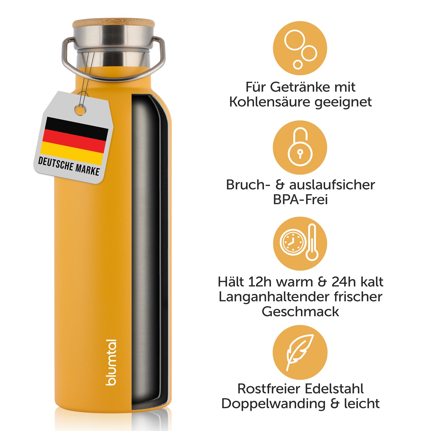 Isolierflasche mit Etikett &quot;Deutsche Marke&quot; und Symbolen die auf Bruch- und Auslaufsicherheit sowie die Eignung für Getränke mit Kohlensäure hinweisen