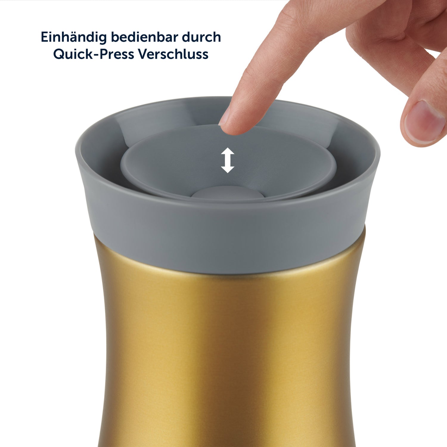 Ein Thermosbecher mit einem Finger der den Deckel mit Quick-Press Verschluss drückt.