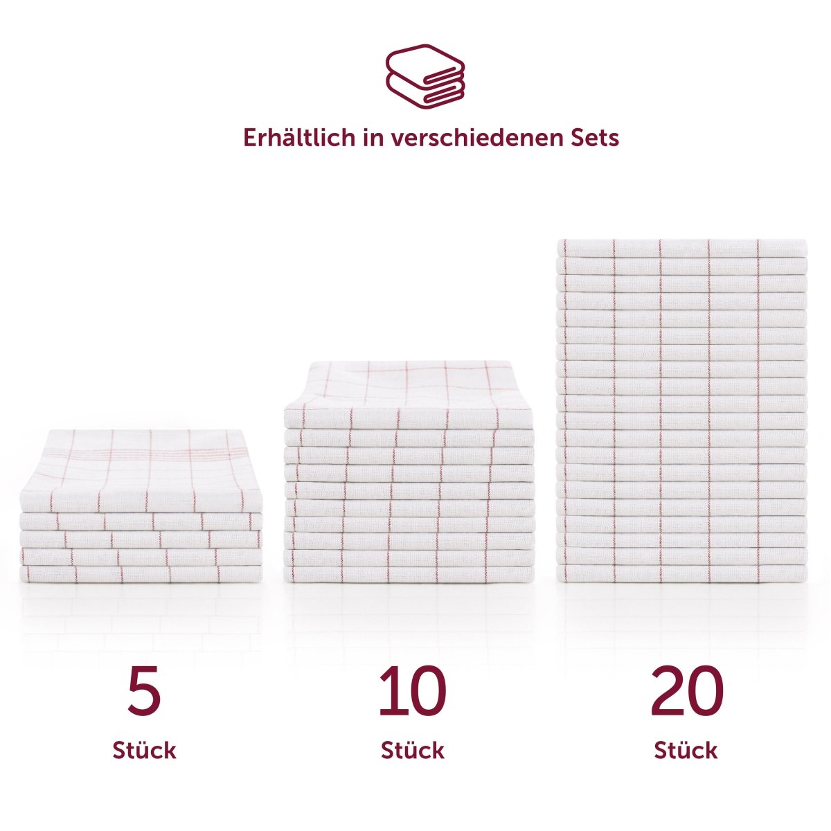 Verschiedene Sets von Geschirrtüchern gestapelt.